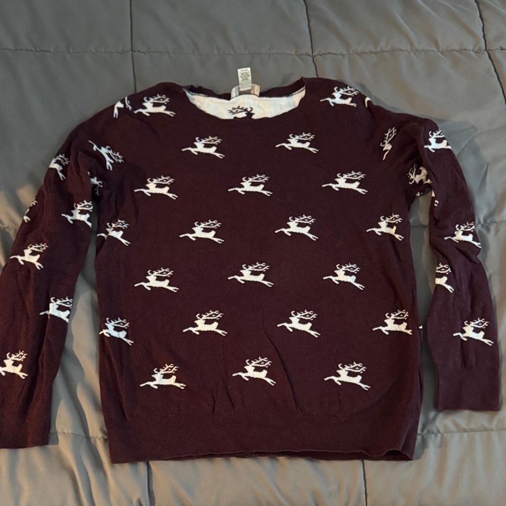 LOFT Burgundy Sweater with White Reindeer Pattern